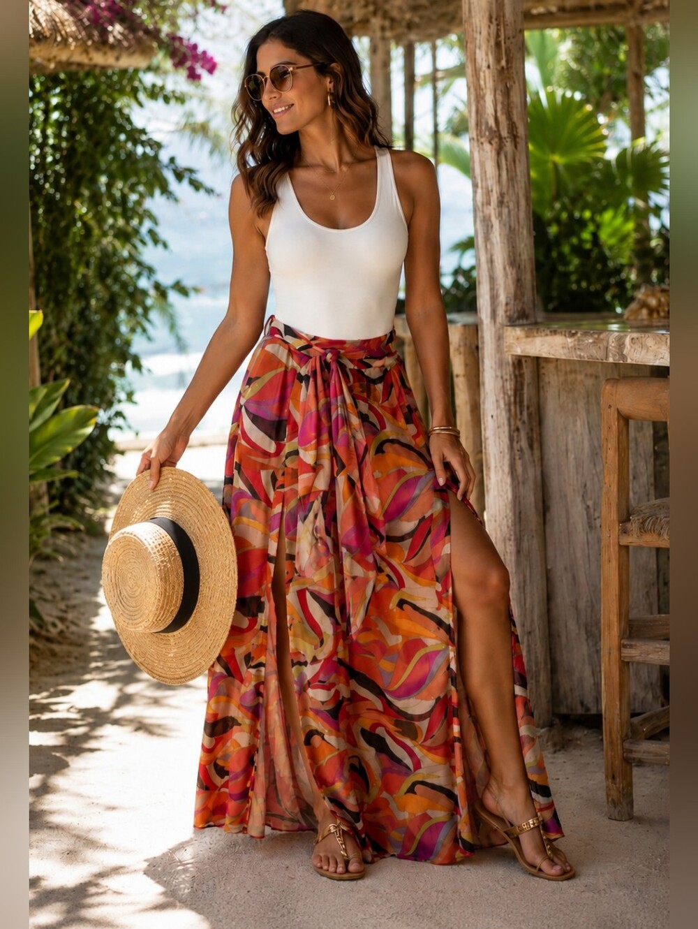 NWT- FATE - Flowy Abstract Print Maxi Skirt w/ Double Slits & Scarf Tie, NWT